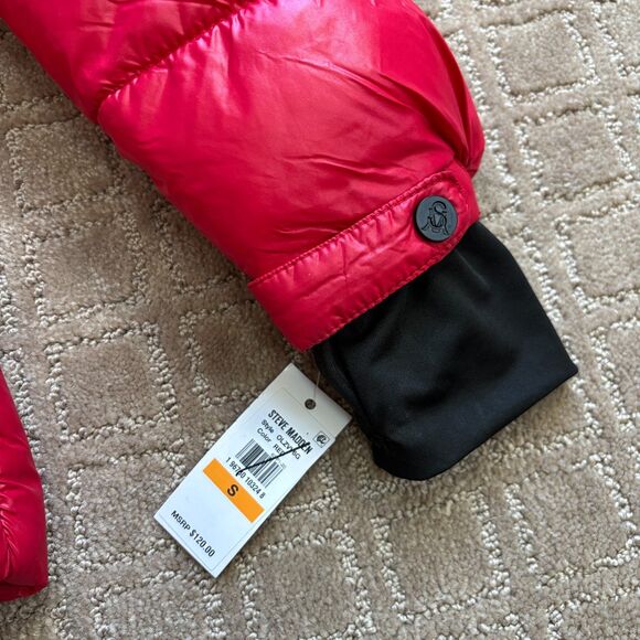 Steve Madden Faux-Fur-Trim Hooded Shine Puffer Coat Women's S Red Après Ski NWT - Picture 6 of 11